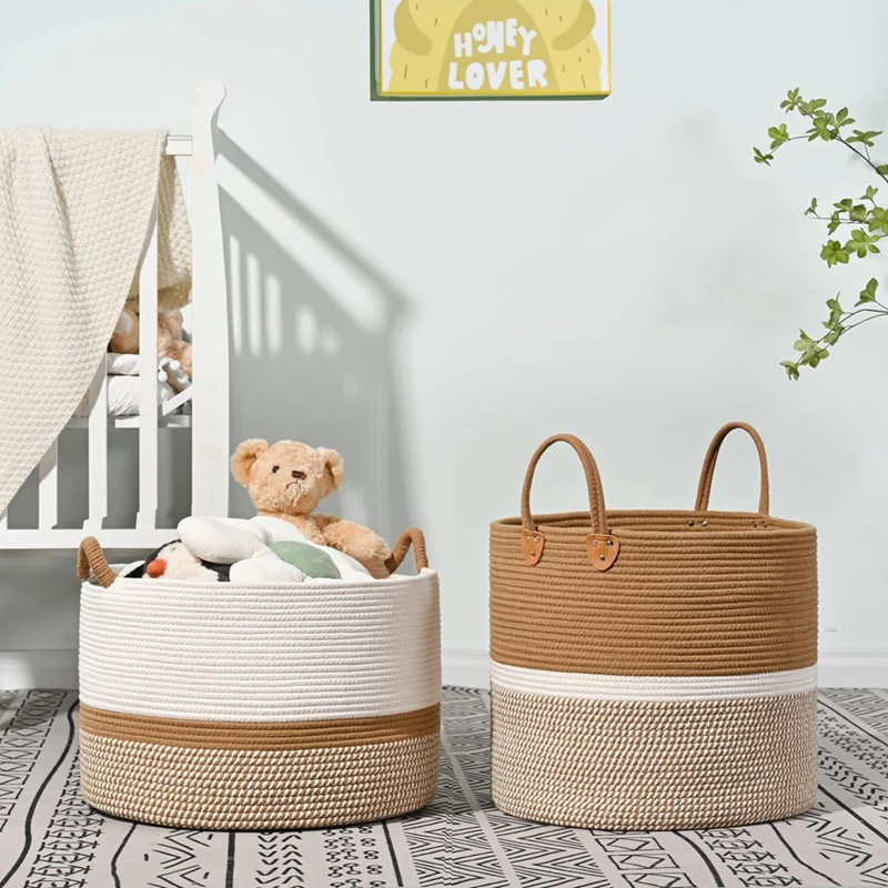 Large Cotton Rope Blanket Basket For Storage, Laundry, Nursery Foldable Storage Basket Dirty Clothes Basket