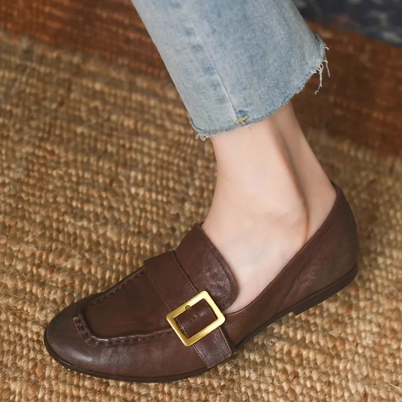 

Woman Simple Shoes With Buckle With Low Heel Horsehide Round Toe Spring Autumn Mules Women Flats Casual Loafers Women Shoes