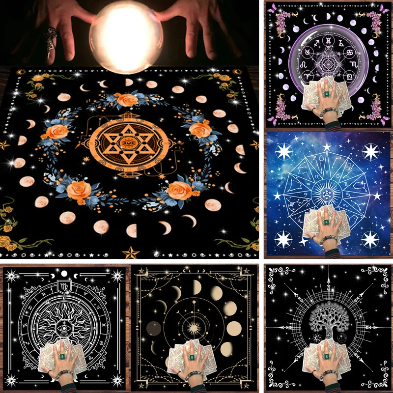 VIKAMA The Zodiac Wheel, Five-Pointed Star And Moon Phase Tarot Card Tablecloth, Witchcraft Divination Tablecloth, Ritual Decor