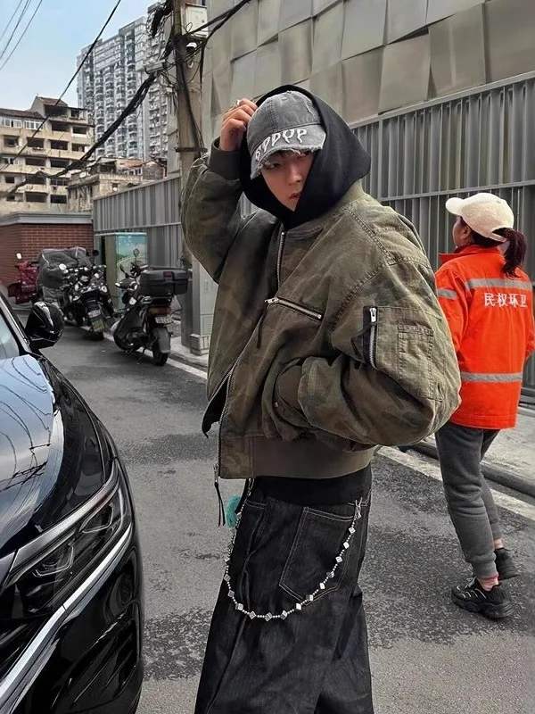 

American Retro Camouflage Bomber Jaet Men's ort Sle Spring High Street Baseball Coat Zipper Decoration Loose Fit Youth