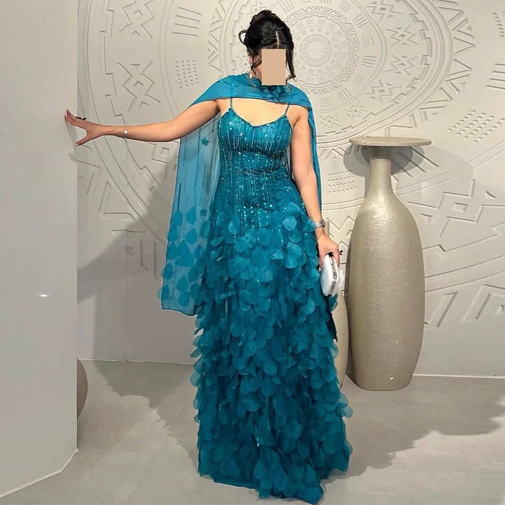 Luxury Saud Evening Dress with Shawl Spaghetti Straps V Neck Beading Floral Petals Arabian Prom Gown Customized Party Dresses