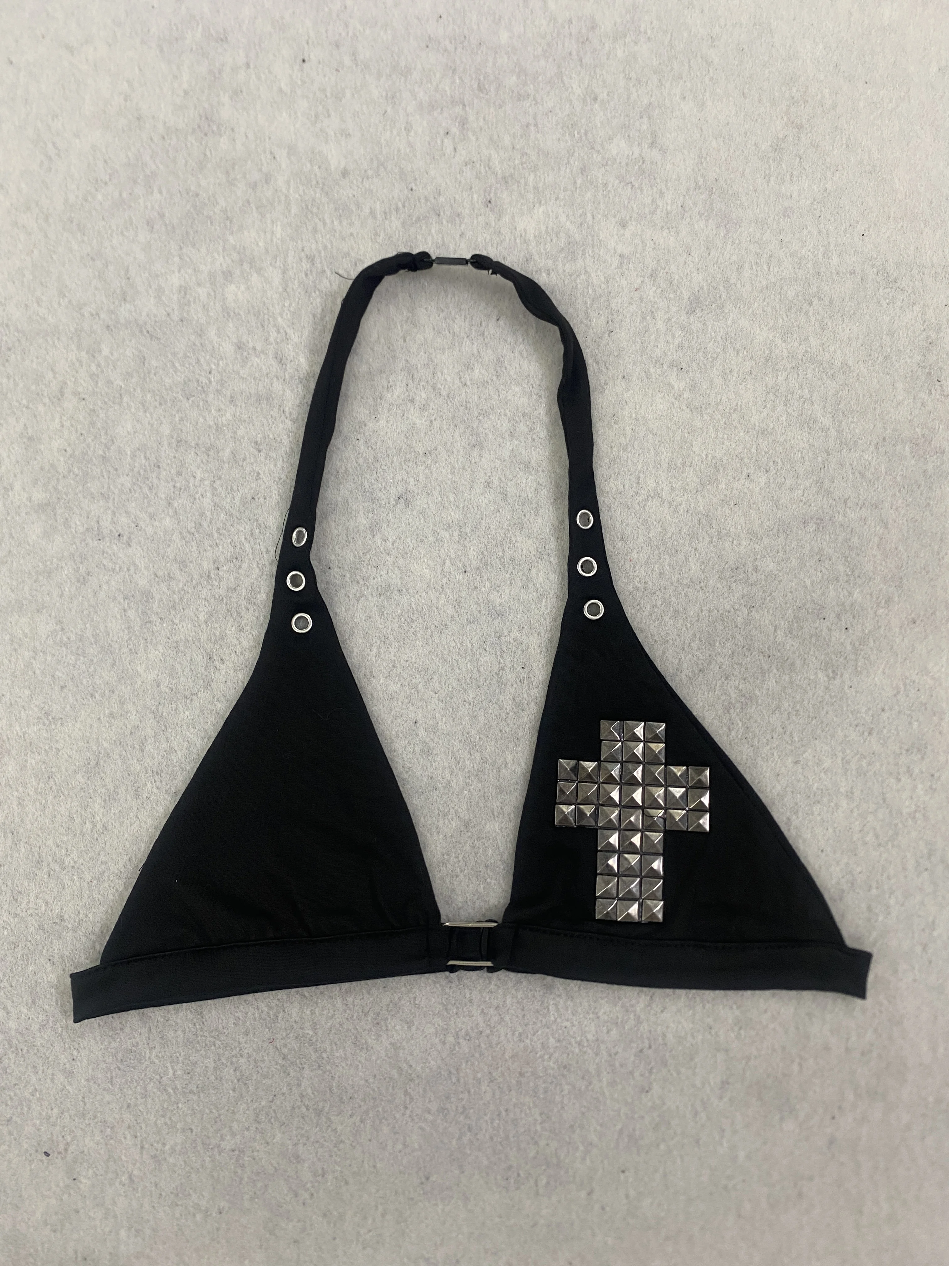 

Y2K Gothic Studded Cross Halter Bralette Top Women Black Metal Buckle Crop Top Punk Streetwear
