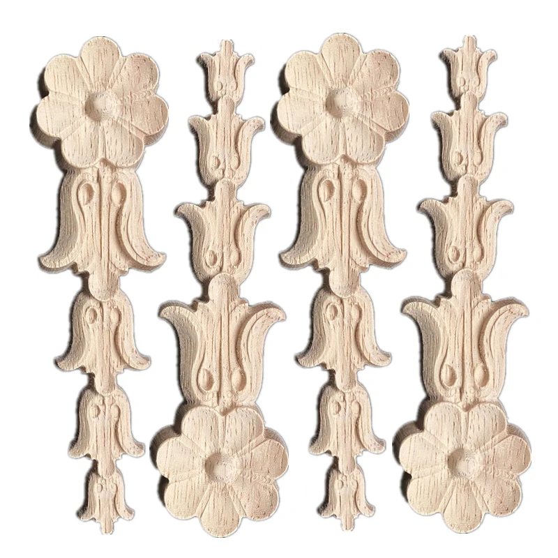 4PCS European Wood Mouldings Applique Rubber Wooden Wood Craft Long Floral Large Cabinet Walls Corner Wood Figurines Unpainted