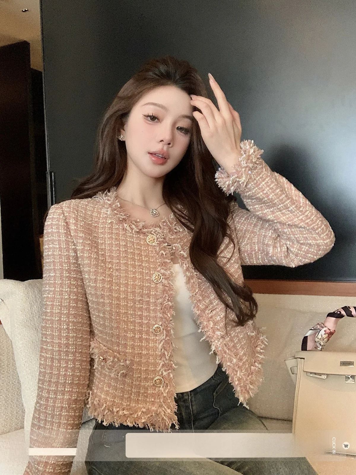 

Elegant Tweed Perfume Style Women's Jacket Spring New High-End Slimming Personality Straight Tube Polyester Blend Long Sleeve