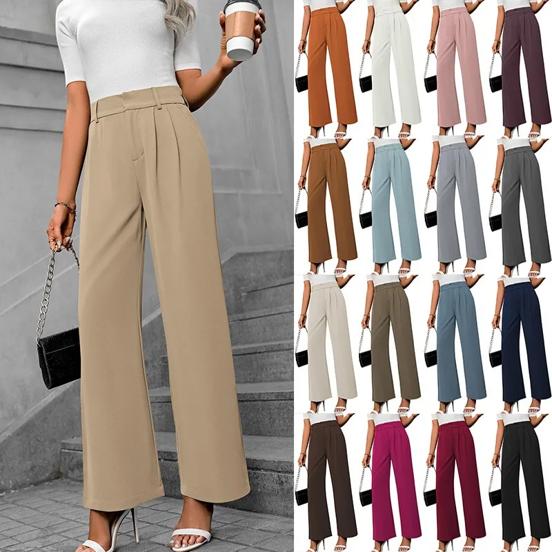 Women Pants Casual Beige High Waist Trousers Lightweight Pleated Front Wide Leg Pants Button Closure Navy Pink White Pants
