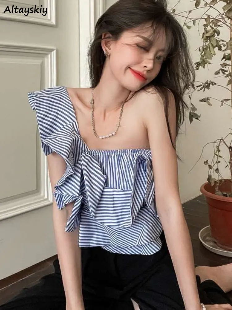 Blouses Women Summer Blue Striped Korean Style Fashion Backless Daily All-match Crop Tops Топ Женский High Street Chic New Ins