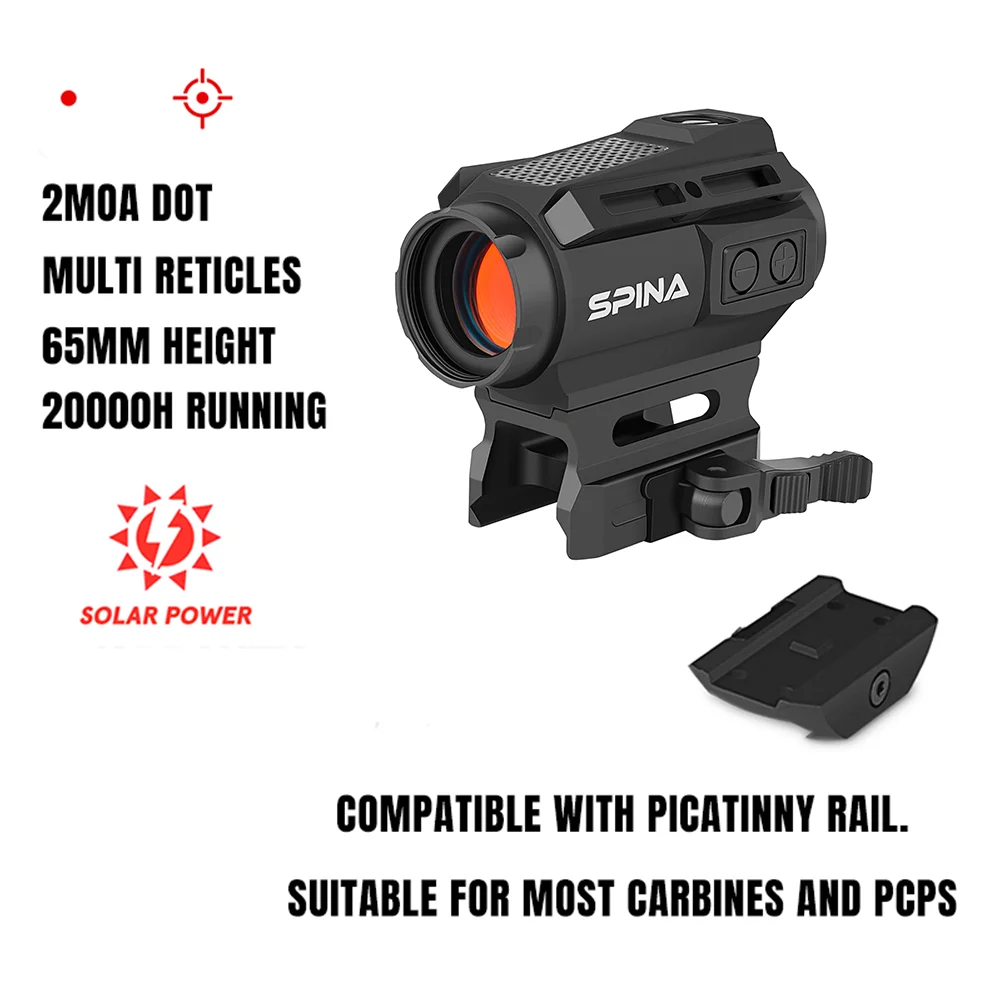 ​​SPINA OPTICS SolarYardMight Rotpunktvisier 1x30 Solarbetrieben Schnellwechselmontage (QD) für Jagd & Taktik AR CQB Kompatibel mit .223/5.56/.308​​ 9