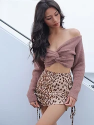 Women Sexy Off Shoulder Long Sleeve Sweaters Front Knot Elastic Slim Crop Pullovers