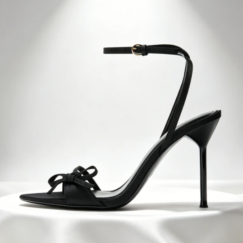

Black Satin Bow Detail Thin Heels Sandals Women Fashion Metal Buckle Ankle Strap Heels Sexy Open Toe Design Shoes for Ladies