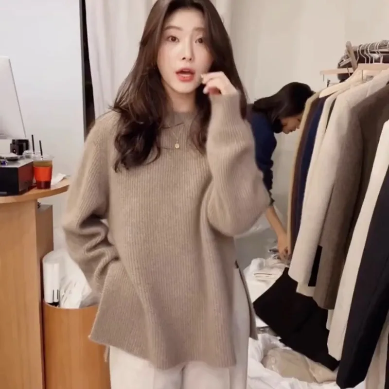 Pullovers Women Solid Simple Side-slit Japanese Style Harajuku Youthful Long Sleeve Sweater Knitting Loose Thicker All-match