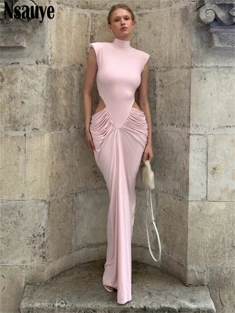 Nsauye Women Elegant Pullover Sexy Turtleneck Long Fashion Night Club Dress Evening Party Birthday Summer Maxi Ruched Dress