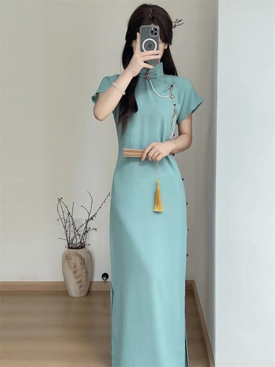 

Blue Qipao Young Style, New Chinese Elegant Dress, 2025 Republic Stunning Daily Summer Gown Chinese Dresses for Woman