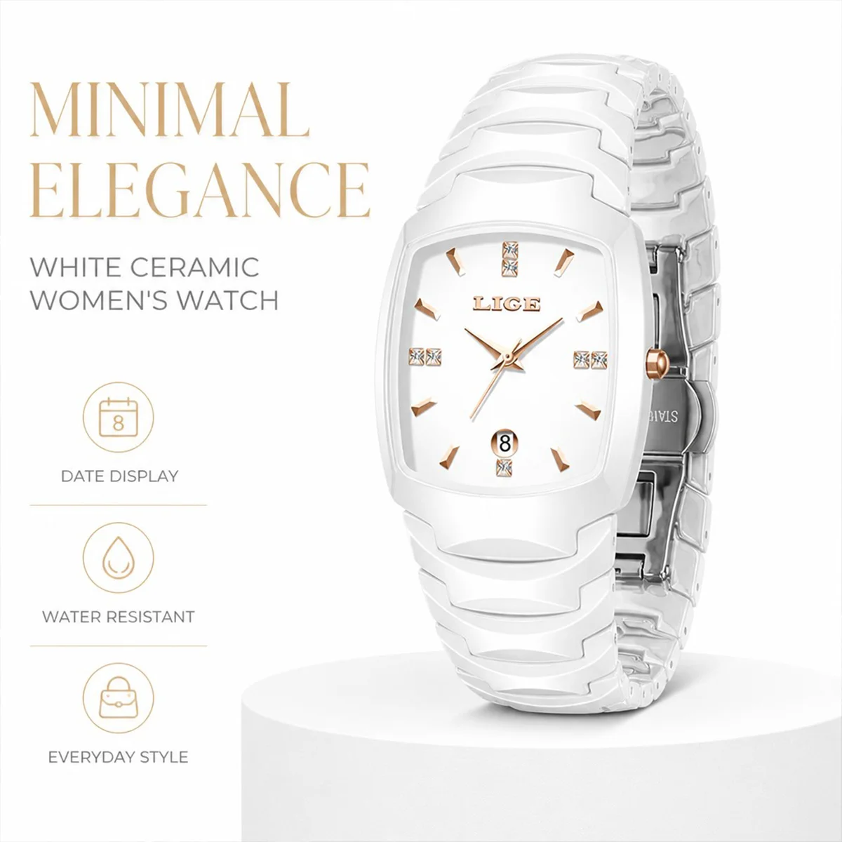 LIGE New Elegant Women Watch Fashion Casual Ceramic Strap Calendar Quartz Watch Waterproof Business Luxury Gifts Ladies Watches