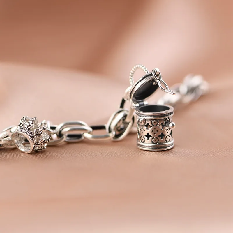 BOCAI NEW S925 Silver Bracelet Artistic Charm Silver Crown Water Bucket Star Fragrant Bag Box Pendant Women's Bracelet