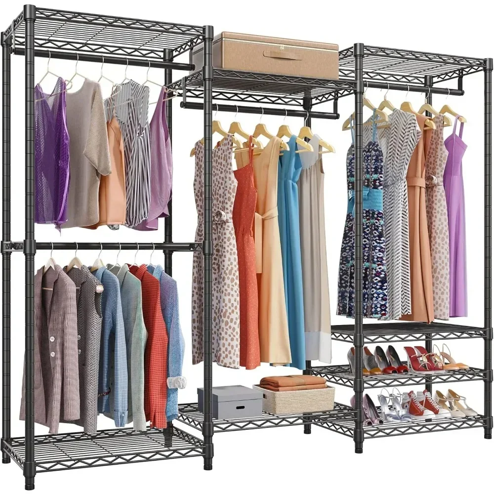 Portable wardrobe heavy-duty hanger, equipped with 4 suspension rods and storage racks, adjustable wardrobe rack, metal cabinet