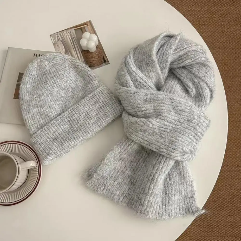 2Pcs Hat Scarf Set Thermal Lined Double-Layer Design Knitted Long Scarf Hat Set Unisex Winter Outdoor Sports Wear