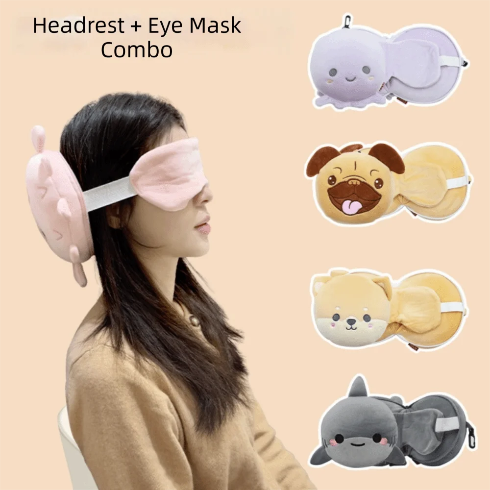 Cute 2 in 1 Neck Pillow Cartoon Velvet Travel Eye Cover U-shaped Multifunctional Napping Sleeping Pillow Sleeping