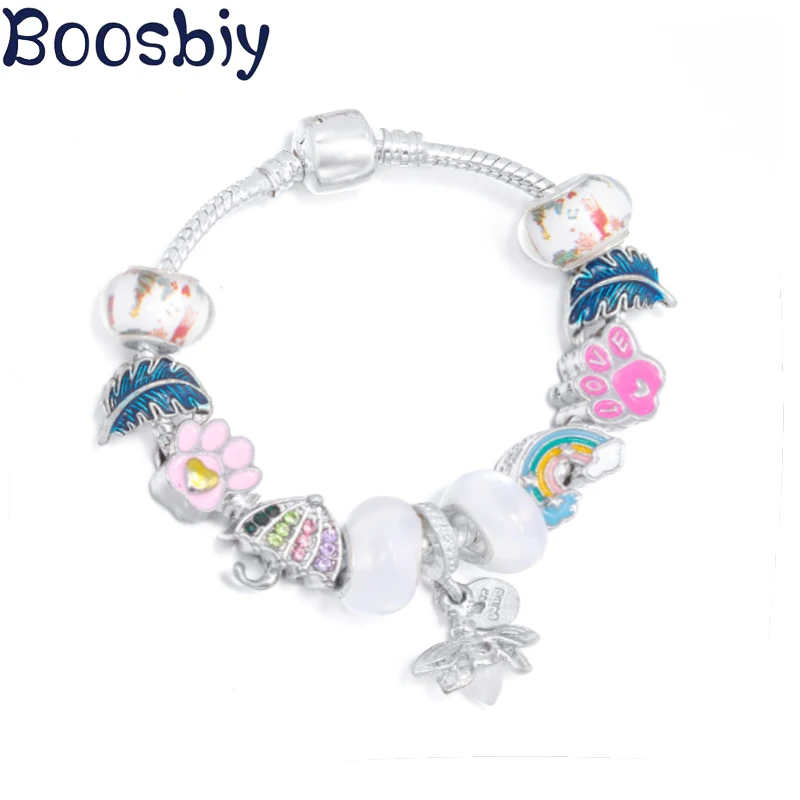 Colorful Rainbow & Cute Paw Beads Chain With firefly Pendent DIY Brand Charm Bracelet Jewelry For Women Making Gift New Desgin