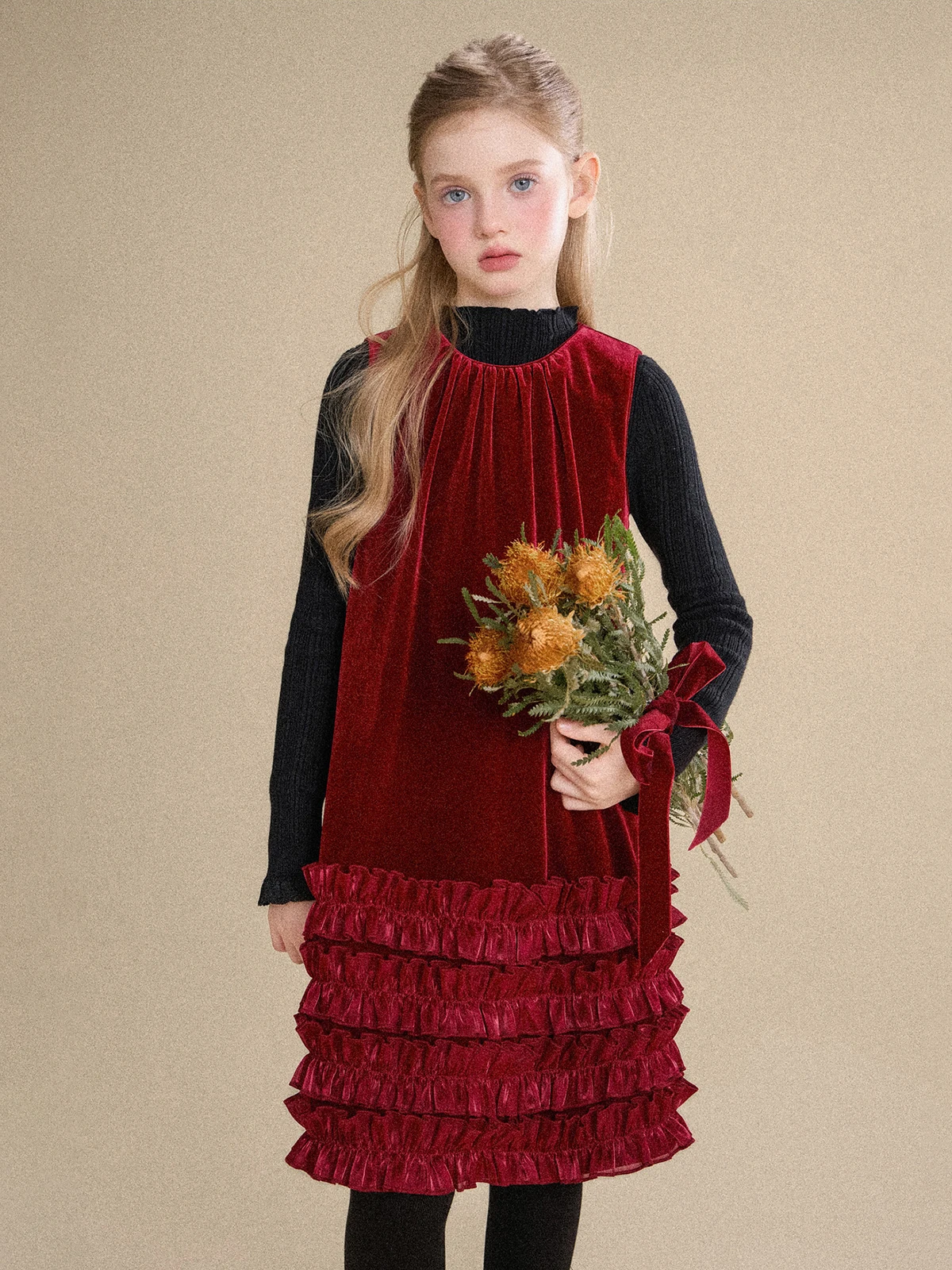 Girls Velvet Dress – Fleece Lined Ruffle Trim Sleeveless Pinafore for Fall Winter, Party Holiday Outfit for Toddler Kids