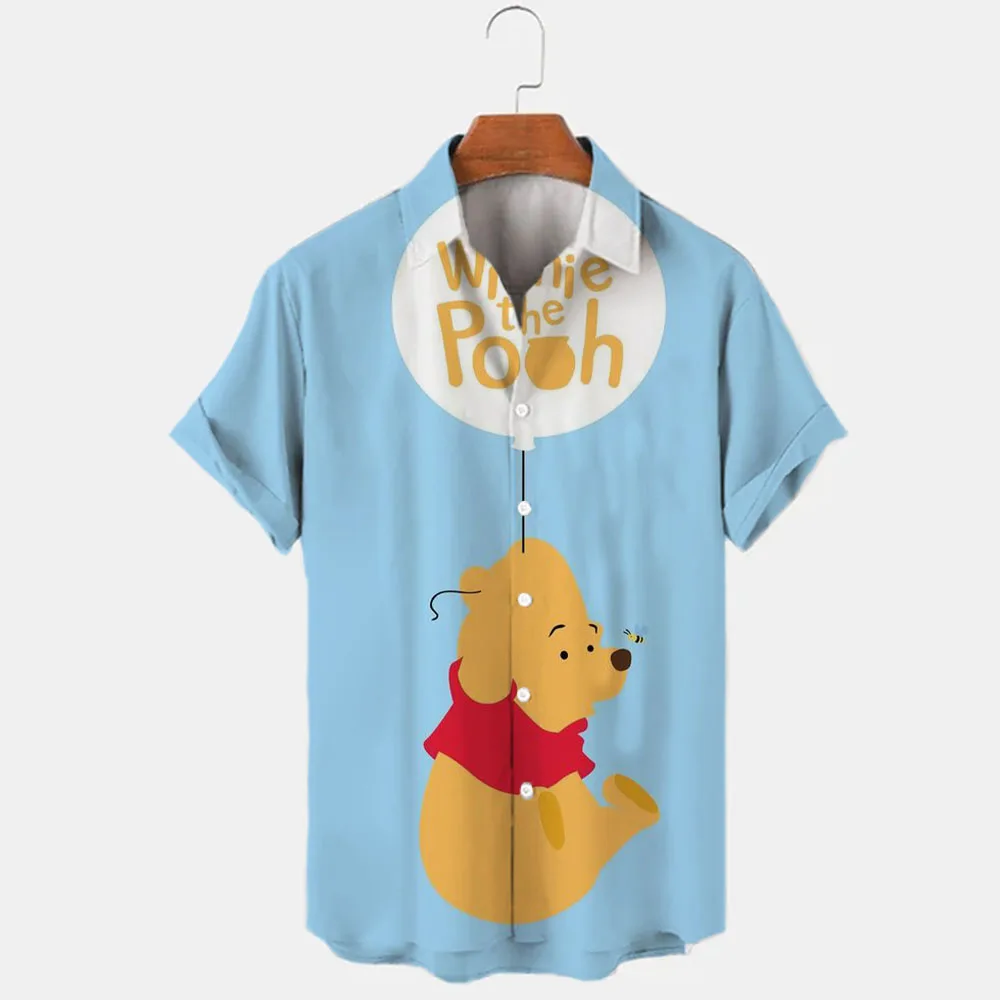 2022 New Summer Disney Branded Winnie the Pooh Cartoon Casual 3D Printed Short Sleeve Lapel Shirts Slim Fit Men\'s Tops