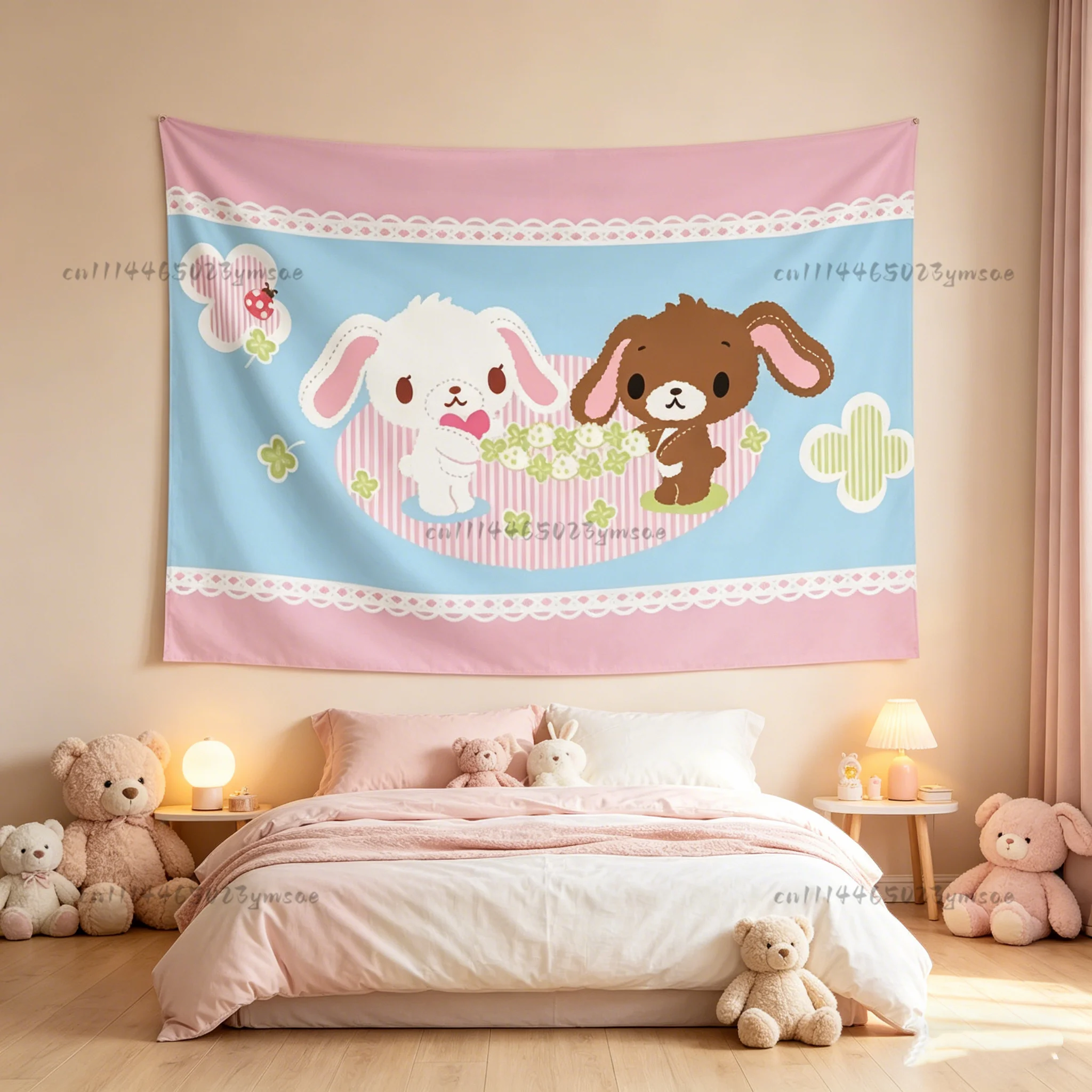 Niedlicher rosa Koch-Tier-Cartoon-Wandteppich, Kawaii-Wandbehang, Hintergrundtuch für Mädchenzimmer, Schlafsaal, Cartoon-Flagge, Dekoration – Detail 6