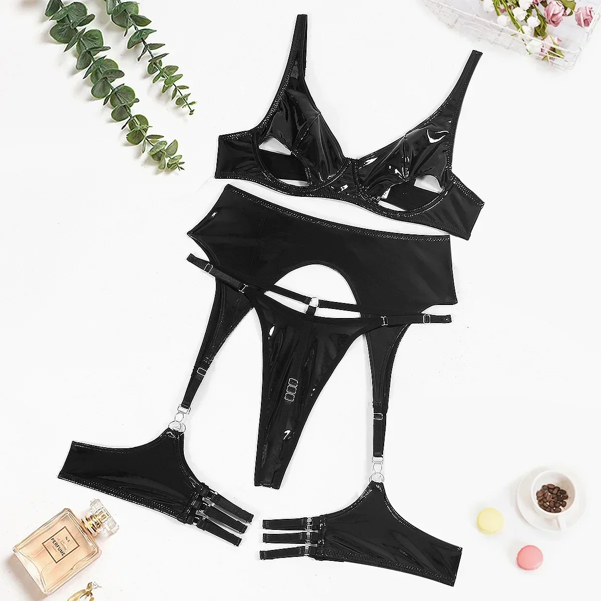 CHUANGERM Set Lingerie Fetish Pvc pakaian dalam kulit lateks PU tanpa sensor Bra berlubang seksi dan celana dalam kostum Erotis