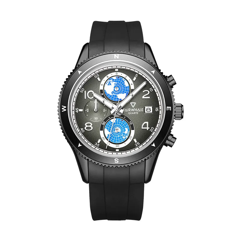 Sport Chronograph Earth Dial Quartz Watch for Men with Waterproof Silicone Strap Round Buckle Gift Wristwatch