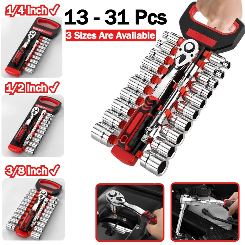 Ratchet Socket Wrench Set 13/14/16/24/31pcs Including Sockets and 2 Way Quick Released Ratchet Handle and Extension Bar