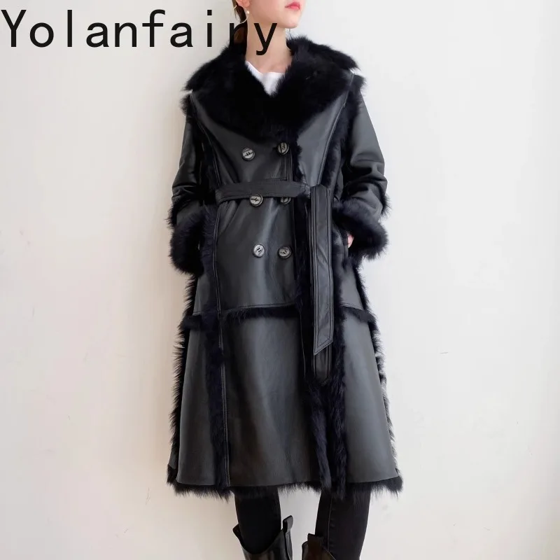 Natural Tuscany Lamb Integrated Fur Jacket for Women 2024 Luxury Real Fur Coat Female Winter Long Black Fur Coats and Jackets