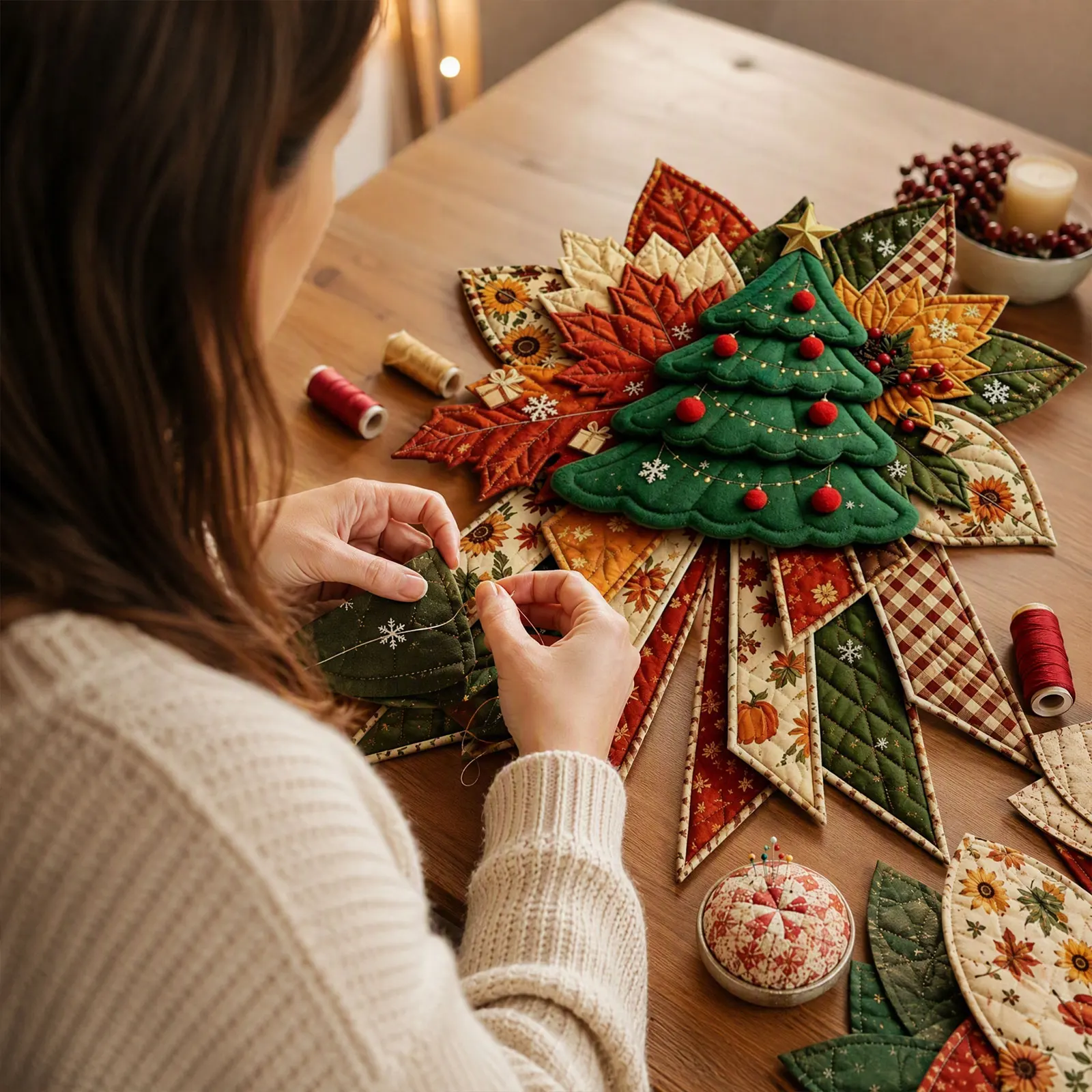 Quilted Christmas Bow Door Hanger DIY Sewing Kit Front Door Holiday Decoration Fabric Thread Needle Rope Hook Template