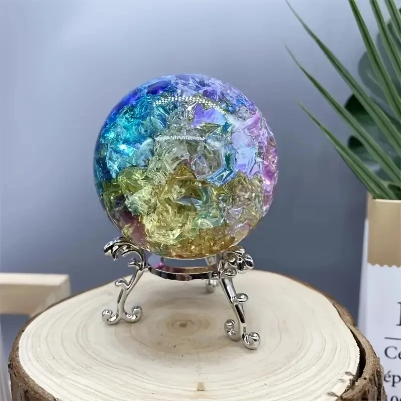 1pc Ice Crack Sphere Colorful Glass Crystal Ball with Metal Stand Decor for Home Decorations