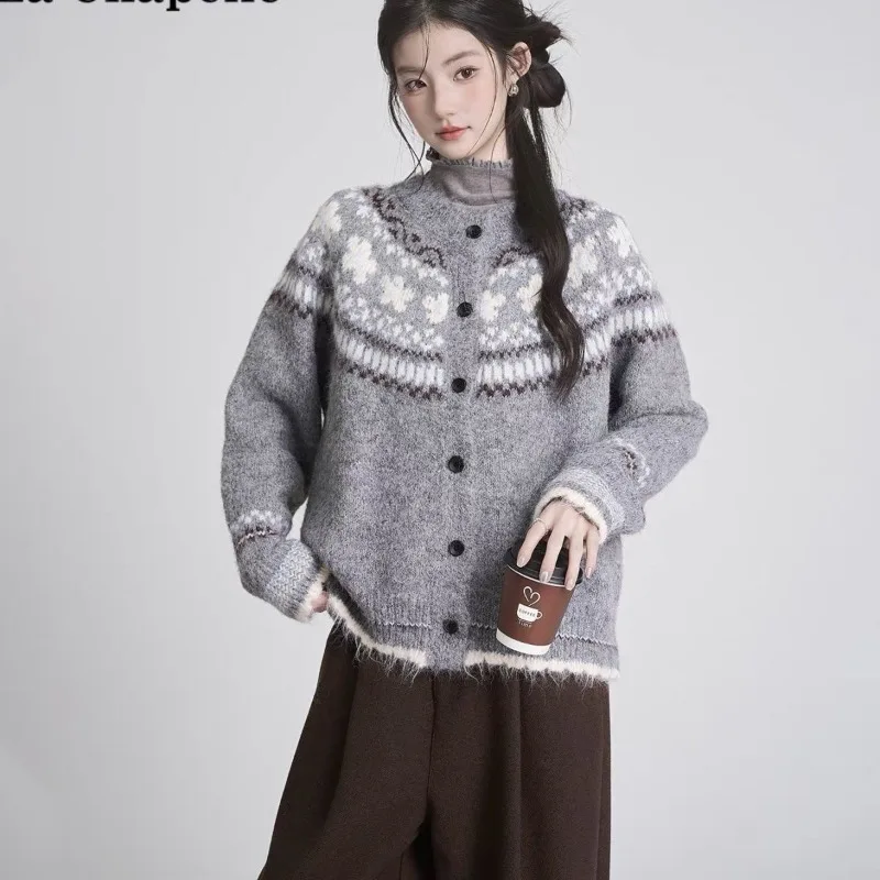Women's Fashion Knitted Cardigan Sweater Alpaca Wool Retro Winter Autumn Color Block Jacquard Long Sleeve Button Coat