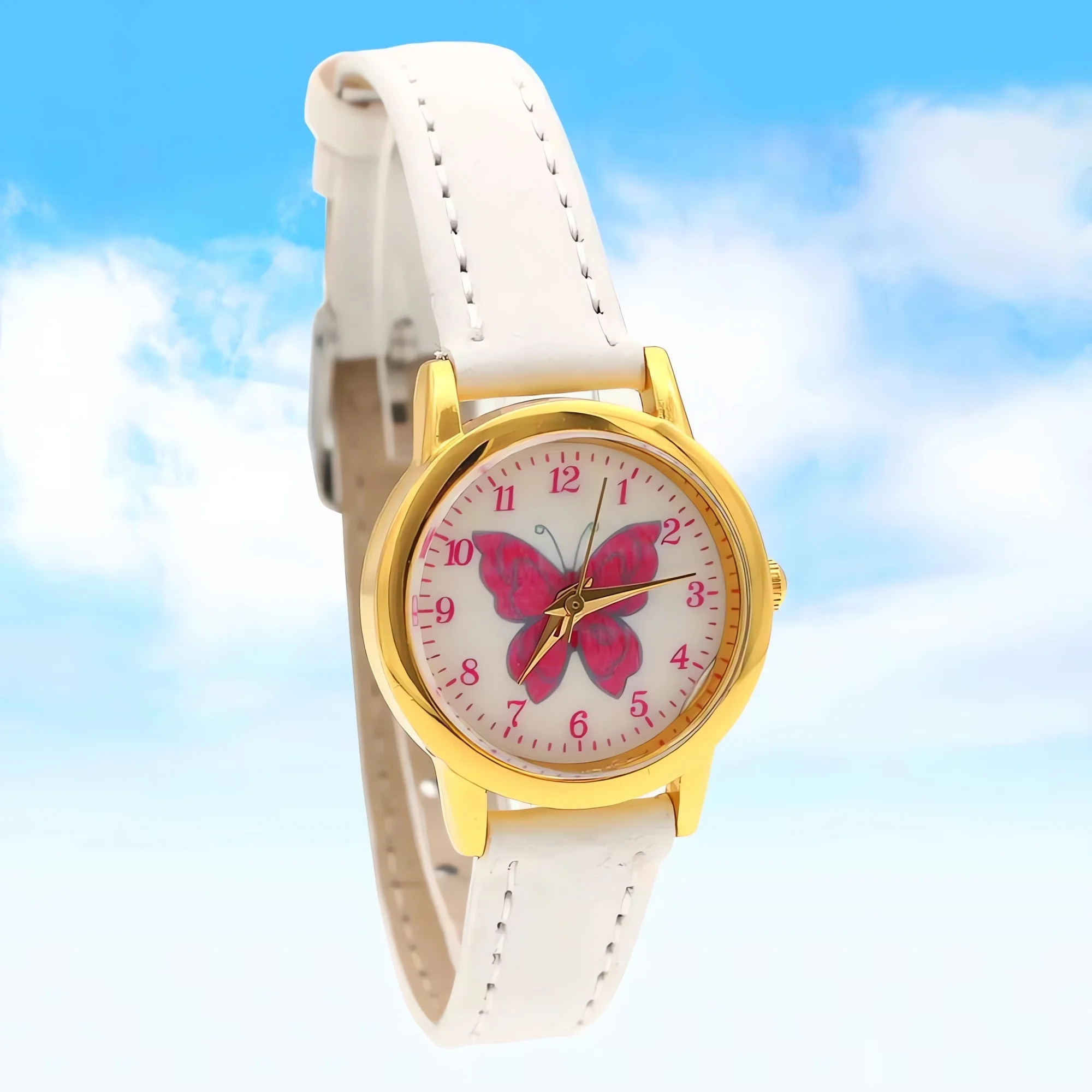 

Детские часы с изображением бабочки и красивым кожаным ремешком, аналоговые кварцевые наручные часы с мультяшным дизайном, подарок для детей