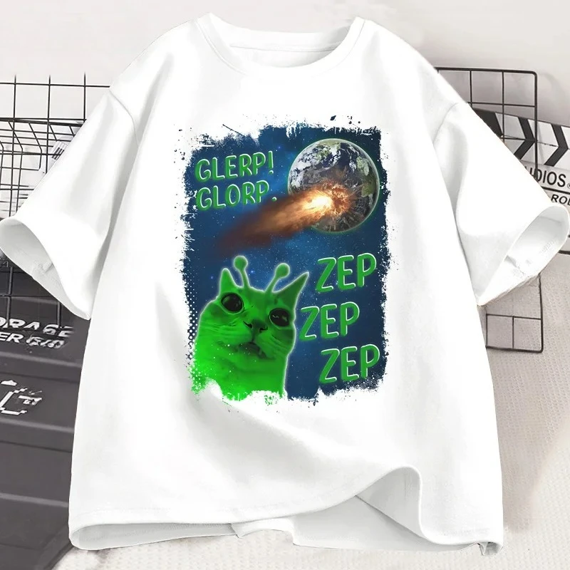 Funny Alien Cat T-Shirt Women Humor Brainrot T Shirt Silly Cats Joke T Shirts Short Sleeve Harajuku Tees Streetwear Graphic Y2K
