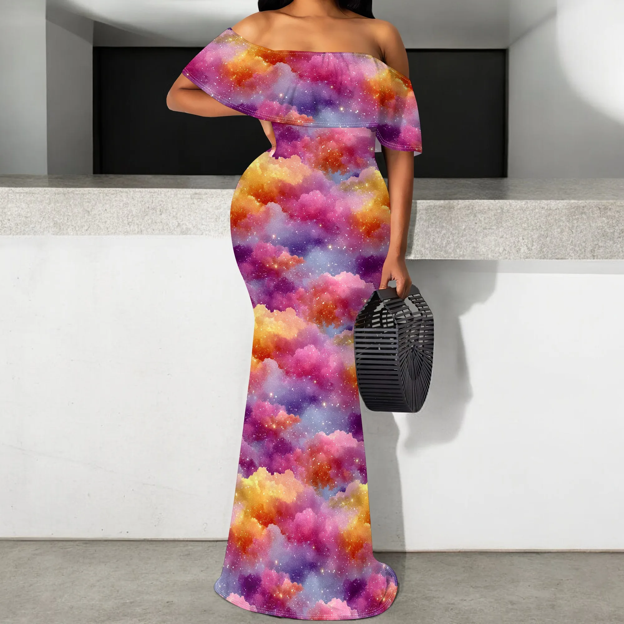 

Galaxy Cloud Print Bodycon Maxi Dress Off Shoulder Birthday Party Gown for Black Women