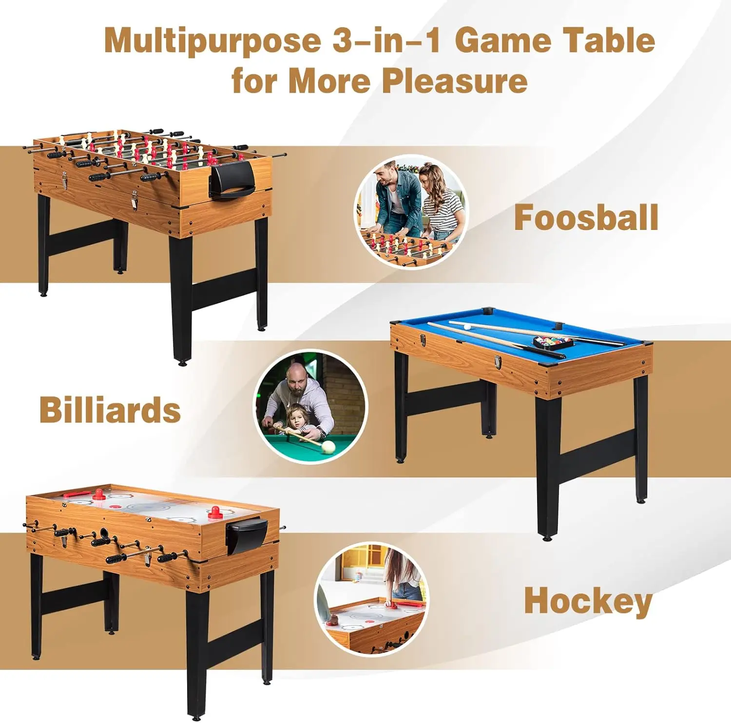 48 Inch Game Table, 3-in-1 Combo Set w/Adult Size Foosball , Pool , Slide Hockey , Multi Game  w/Billi