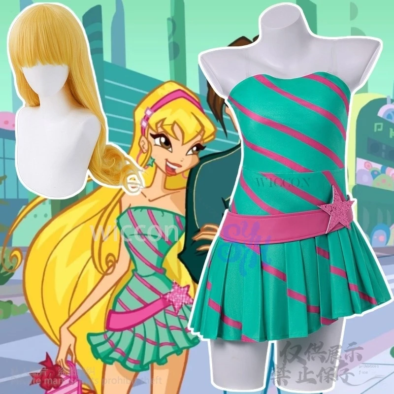 

Anime Win Clubb Cosplay Stella Costume Jirai Kei Girls Retro Diagonal Striped Miniskirt Pentagram Dress Sexy Lolita Halloween