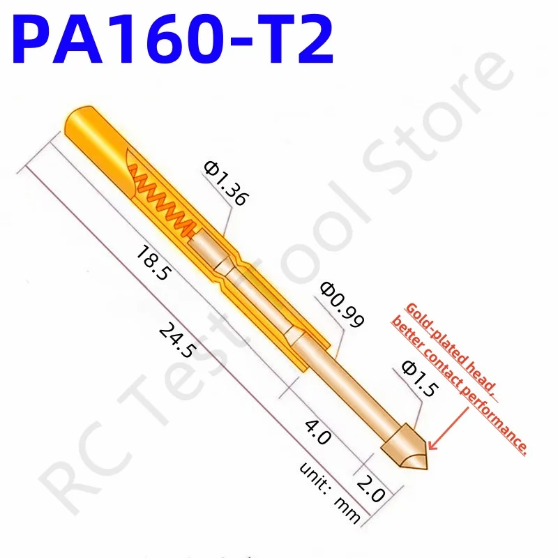 

100PCS PA160-T2 Spring Test Probe PA160-T Test Pin P160-T P160-T2 Test Tool 24.5mm 1.36mm Needle Gold Tip Dia 1.50mm Pogo Pin