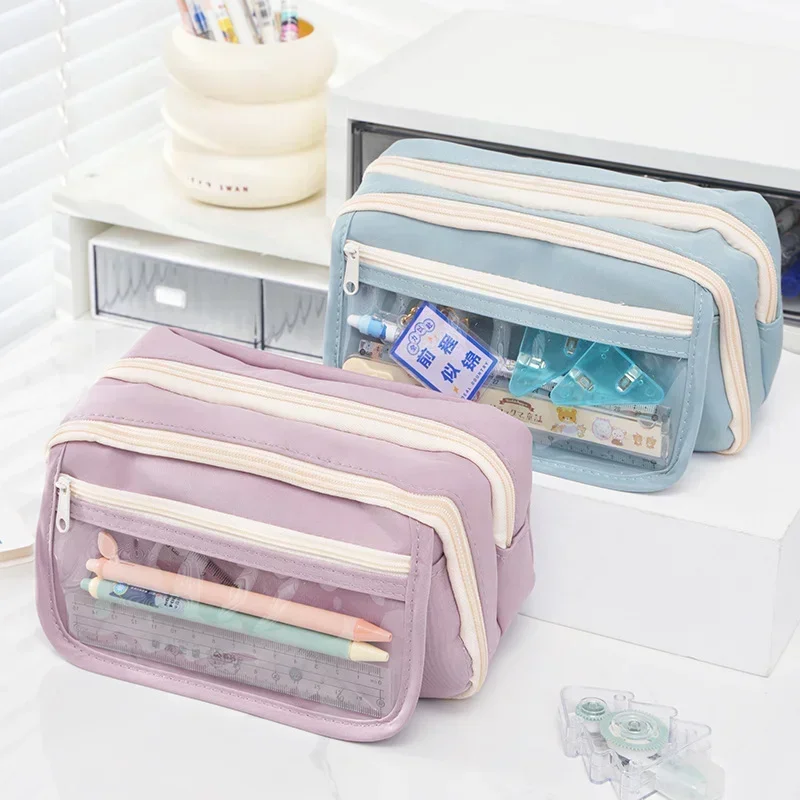 Girls Pink Large-capacity Pencil Bag Aesthetically Pleasing Schoolbag Korean Stationery Clip Pencil Case School Supplies