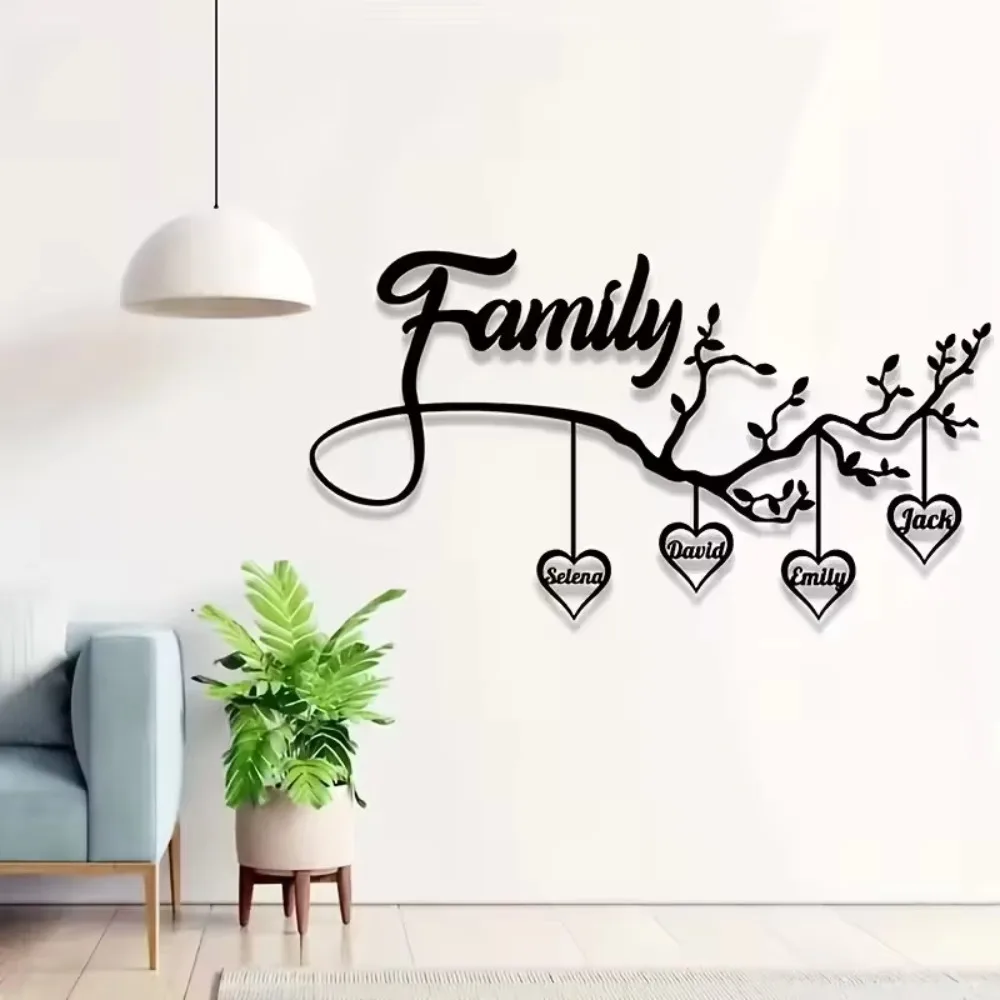 CIFBUY Family Tree Branch Metal Wall Art Custom Names on Heart Tags 2D Iron Family Love Wall Hanging Decor