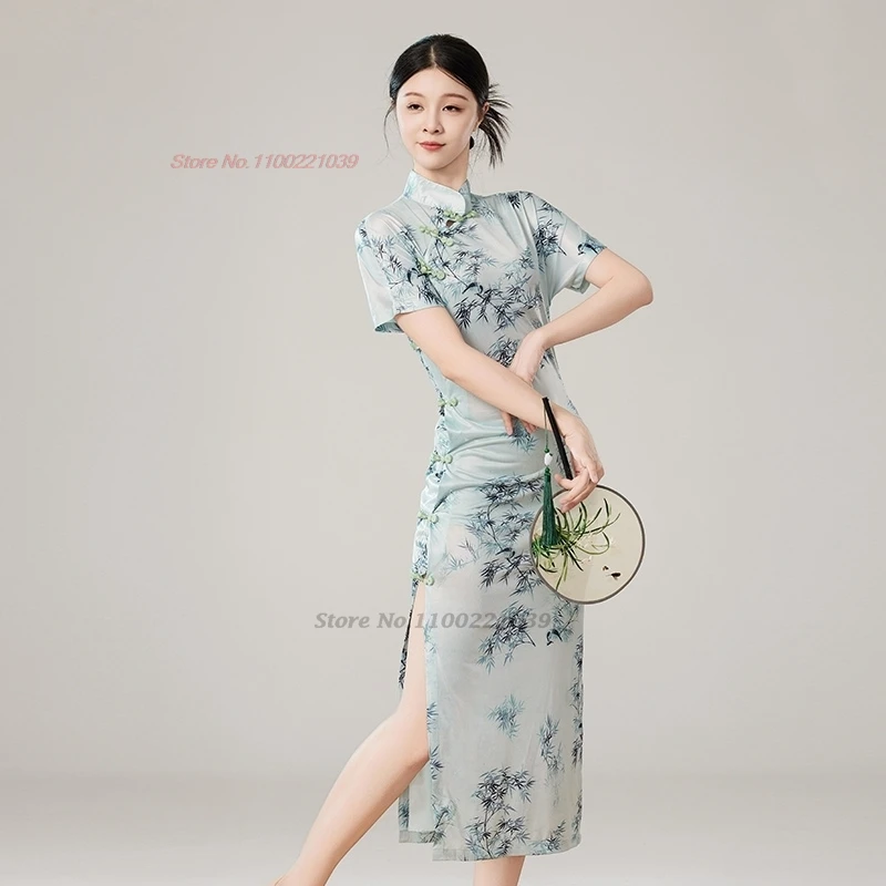 2025 abito popolare di danza vintage cinese tradizionale stampa di bambù elastico qipao cheongsam allenamento esercizio prestazioni abito popolare
