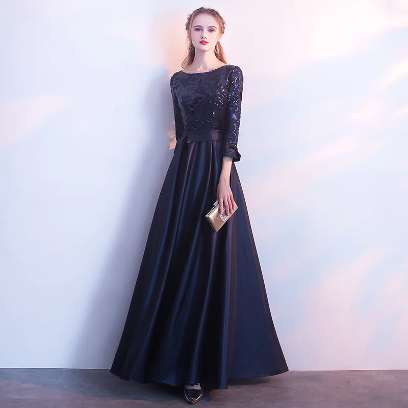 Elegant Satin Evening Dresses New Arrival 3/4 Sleeves A-Line Sequined Long Prom Gown Formal Evening Gowns Wedding Party Gowns