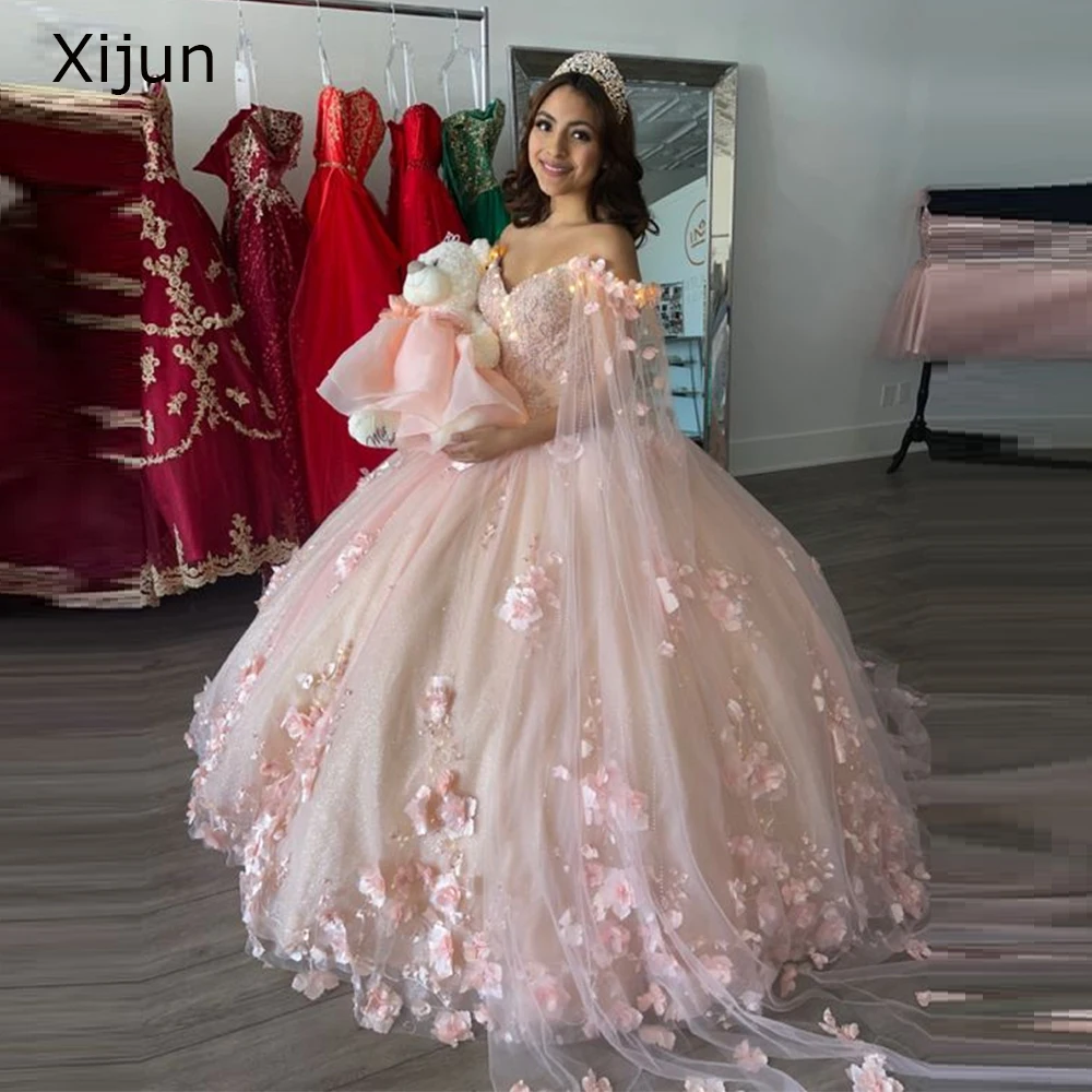 Xijun Baby Pink Ball Gown With 3D Flowers Sweet 16 Dress Embroidery Cape Ball Gown Beaded Long Sweet Frill Party Dress 2023