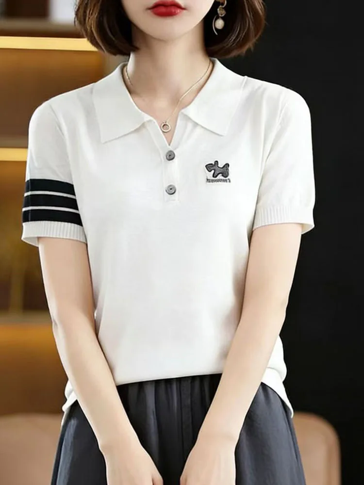 

Slim Fit Ice Silk Knitted Short Sleeve Shirt Women's Casual Style Contrast Color Stripe Embroidery Thin Spring Summer Top