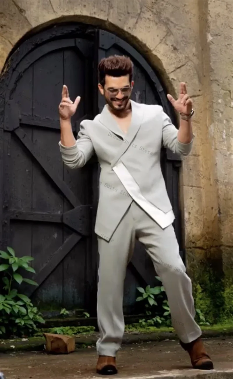 

Grey White Men Suit Set 2 Piece Blazer+Cotton Pants Trousers Customized Formal Office Jacket Groom Wedding Tuxedos Fashion Coat