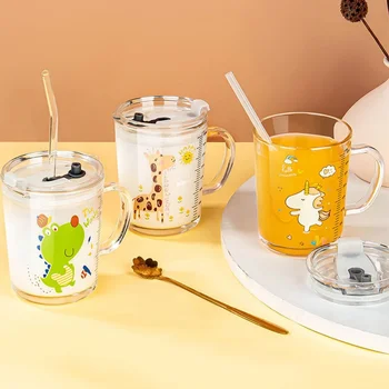 350ml Cute Unicorn Children Milk Cup With Scale Transparent Breakfast Cup With Straw Lid…