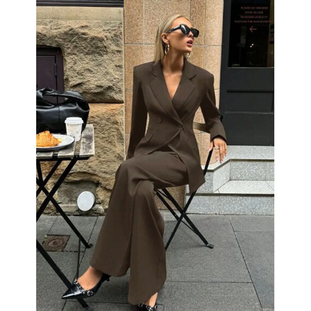 Fashion Classic Women 's Suit Double Breasted Notch Lapel 2 Pieces Jacket Pants Female Clothing Slim Fit Office Lady Blazer Set