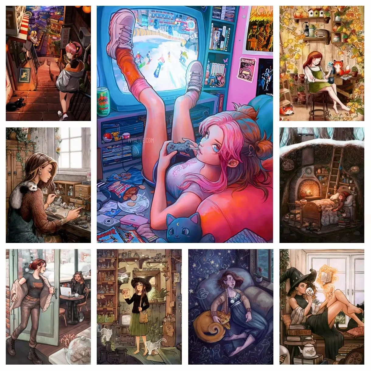 

Japanese Anime Modern Girl Full Diamond Painting Cartoon Witch Cross Stitch Kit Embroidery Picture Mosaic Home Decor