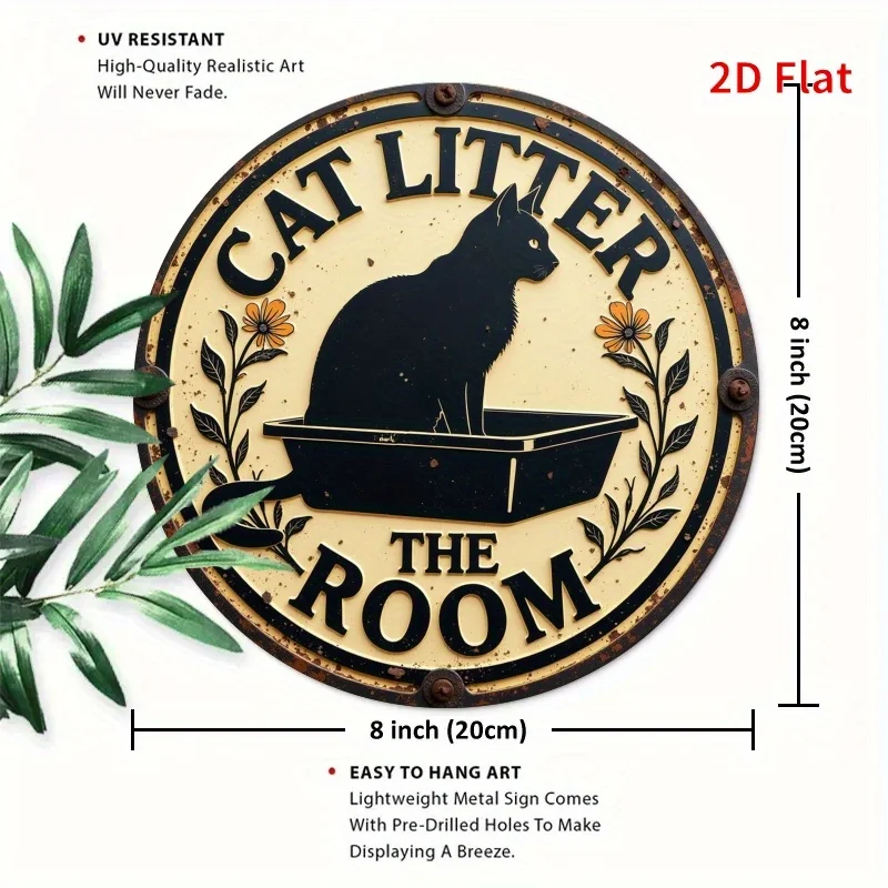2D flat printing, vintage round iron sign- cat litter room theme, 7. 87x7. 87 inches, suitable for home, room, garage, country,