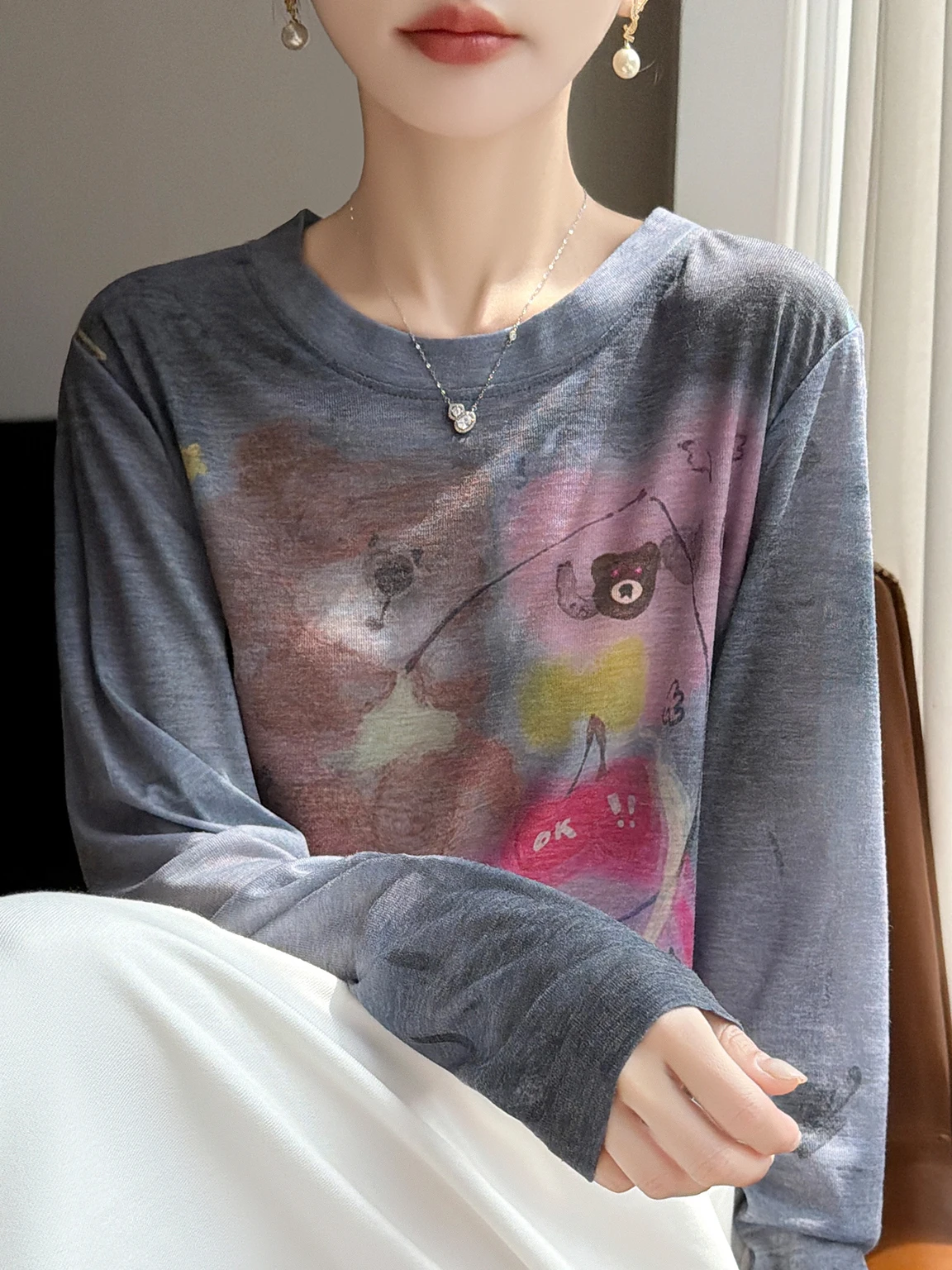

Summer Loose Long Sleeve round Neck Dyeing Flower Pattern Women's Base Shirt Comfortable Breathable Casual Knitted Top